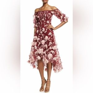 MARCHESA NOTTE Off Shoulder High Low Applique Dress
